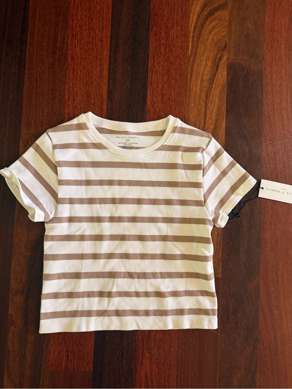 Striped Short-Sleeve Maison d Amelie Top in Cream and Tan